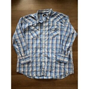 VTG High Noon Plaid Western Shirt Pearl Snaps | XL Tall | Blue 💙 White 🤍 Plaid